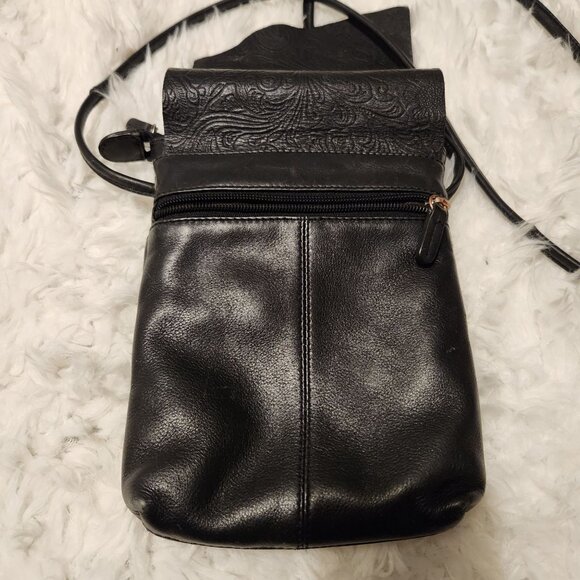 ili Soft Black Leather Purse With Tooled Design and Raw cut Rawhide Flap, Adjust - Picture 7 of 11